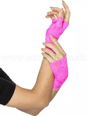 Rukavičky čipkované - 80s NEON - neónovo ružové bez prstov, 15 cm