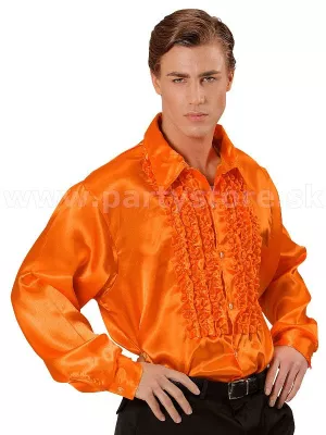 Košeľa - 70s DISCO SATEN - oranžová s volánmi, dlhý rukáv pánska - XL