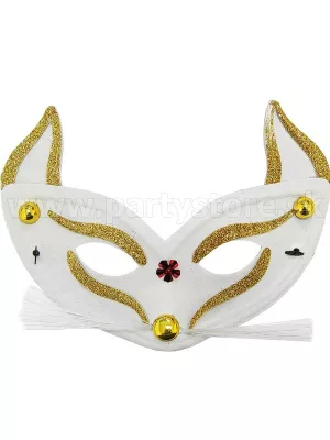 Maska škraboška - MAČKA - bielo zlatá s fúzami a uškami, dámska