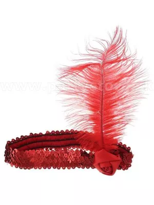 Čelenka - 20s FLAPPER SATIN ROSE - červená, flitrovaná s perím