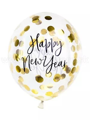 Balón priezračný 30 cm - HAPPY NEW YEAR - zlaté konfety, 3 ks