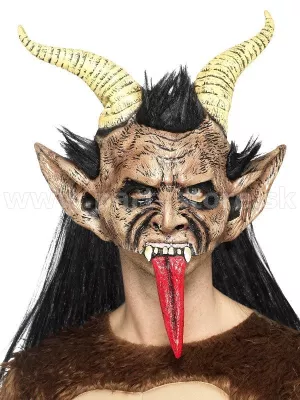 Maska - DIABOL DEMON KRAMPUS - celohlavová s vlasmi a rohami