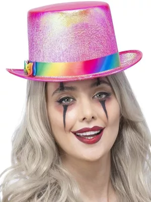 Klobúk cylinder - KLAUN - perleťovo ružový s dúhovou stuhou