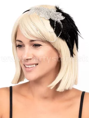 Čelenka - 20s FLOWER CRYSTAL  strieborné koráliky čierne perie