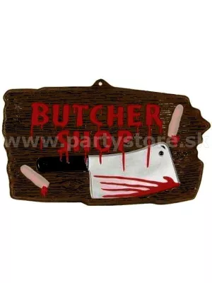 Vývesný štít - BUTCHER SHOP - Hororové mäsiarstvo - 45 x 27 cm,