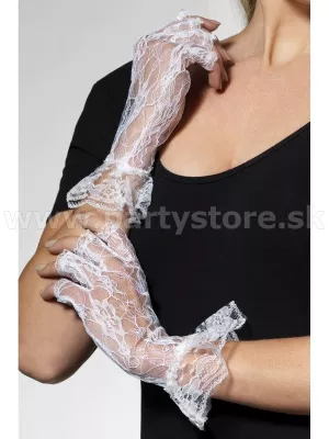 Rukavičky čipkované - WHITE GLAMOUR - biele, 20 cm, bez prstov