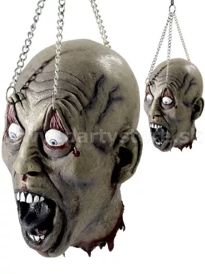 Dekorácia - ODTRHNUTÁ ĽUDSKÁ HLAVA - sivá, na reťaziach,latexová