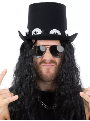 Rocková súprava 2 dielna - GLAM ROCK - čierny klobúk s vlasmi + okuliare
