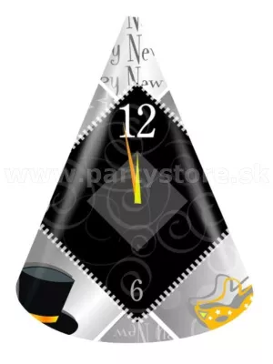 Klobúčiky - SILVESTROVSKÉ HODINY - SILVER TIME - 15 cm, 6 ks, papier