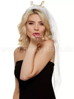 Čelenka - BRIDE - zlatý trblietavý nápis s bielym závojom