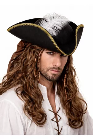 Klobúk - PIRÁT - WILLIAM KID - čierny trojrohý s lemovaním a bielym perím