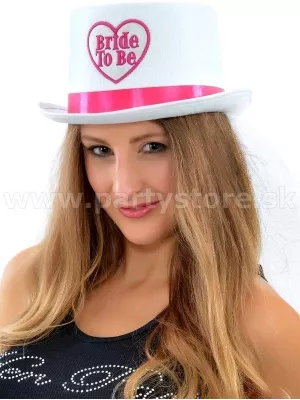 Klobúk cylinder - BRIDE TO BE - biely + závoj ružový lem dámsky