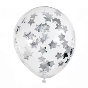 Balón priezračný 30 cm - KONFETY HVIEZDY STRIEBORNÉ - bal. 6 ks