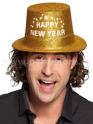 Klobúk cylinder - HAPPY NEW YEAR - zlatý, trblietavý, PVC