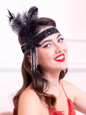 Čelenka – 20s VINTAGE ART DECO FLAPPER – čierne perie, flitre, kryštáliky