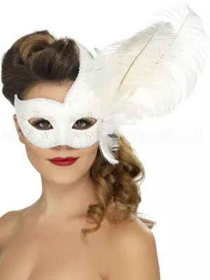 Maska škraboška - CIGNO STRUZZO - biela s perím, dámska