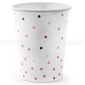 Poháre - BODKY MINI - biele, ružovo zlaté bodky, 260 ml. 6 ks, papier