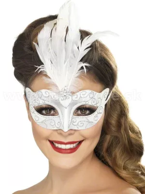 Maska škraboška - COLOMBINA ORNATE - strieborná s bielym perím