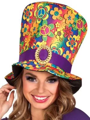 Klobúk cylinder - HIPPIE FLOWER - viacfarebný, 27 cm vysoký