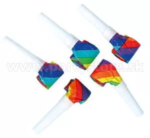 Píšťalky fúkačky - DÚHOVÉ - farebné šikmé pruhy, balenie 6 ks, papier + plast