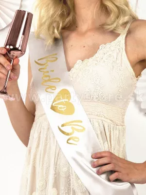 Šerpa - BRIDE TO BE - biela so zlatým nápisom, 150 x 10 cm, satén