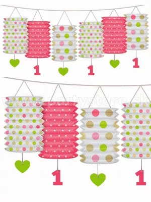 Girlanda lampiónová - 1st BIRTHDAY - ružová, biela, zelená 3,6 m