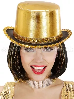Klobúk cylinder - EXTRAVAGANT - zlatý, lemovanie zlaté flitre