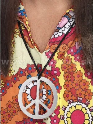 Medailón - HIPPIE PEACE - strieborný s čiernou šnúrkou, plastový