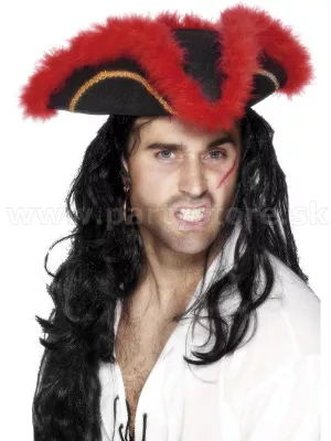 Klobúk - KORZÁR DOMINIQUE - čierny, trojrohý s červeným marabou