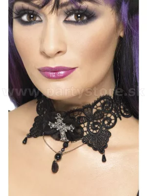 Náhrdelník - GOTHIC - čierny čipkovaný s krížom, dámsky