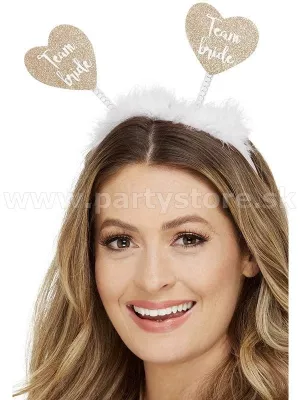 Čelenka - TEAM BRIDE - zlaté srdiečka na pružinkách s marabou