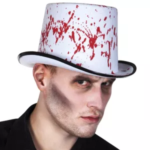 Klobúk cylinder - ŽENÍCH - HOROR - biely, krvavé fľaky, pánsky