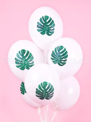 Balón pastel 30 cm - ALOHA - MONSTERA - biele + lístie