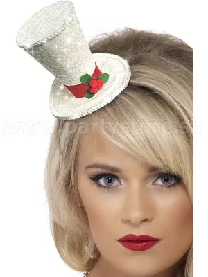 Mini klobúk cylinder - BURLESQUE CHRISTMAS - s čelenkou, biely