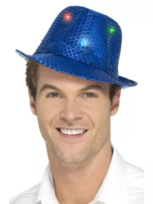 Klobúk svietiaci LED - TRILBY FEDORA - modrý s flitrami, unisex