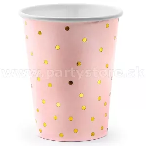 Poháre - BODKY MINI - svetloružové, zlaté bodky, 260 ml. 6 ks, papier