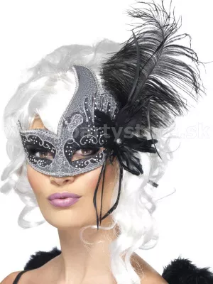 Maska škraboška - TEMNÝ ANJEL - čierno strieborná s perím dámska