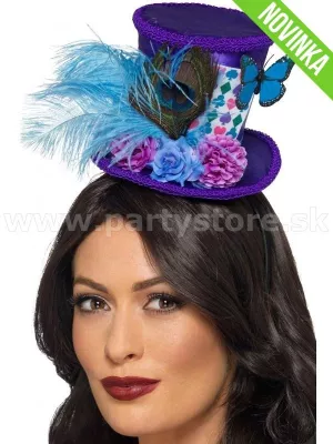 Mini klobúk - cylinder - KLOBUČNÍK - s čelenkou, fialový s motýľ