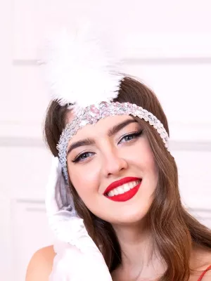 Čelenka - 20s FLAPPER GATSBY GIRL – strieborné flitre a biele perie