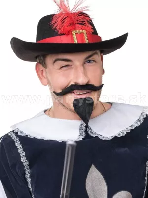 Klobúk - MUŠKETIER D´ARTAGNAN - čierny s červeným perím a stuhou