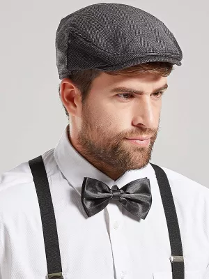 1920s súprava 3 dielna - NEWSBOY VINTAGE - šedá čiapka, čierne traky a motýlik