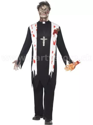 Kostým - ZOMBIE KŇAZ - čierny top, golier, nohavice, latexová rana