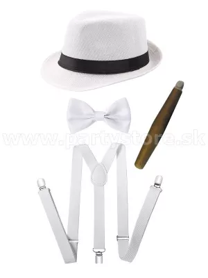 1920s súprava 4 dielna - GREAT GATSBY - biely klobúk, traky, motýlik, cigár