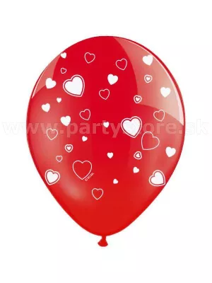 Balón pastel 30 cm - SRDIEČKA - červený s bielymi srdiečkami, 1 kus, latex