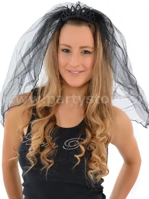 Čelenka - tiara - MINI BLACK - čierna s diamantovými kameňmi na závoji