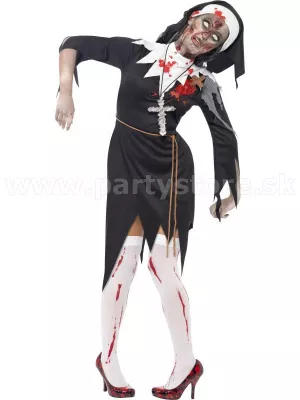 Kostým - ZOMBIE MNÍŠKA - čierno-biele šaty, závoj, opasok, dámsky