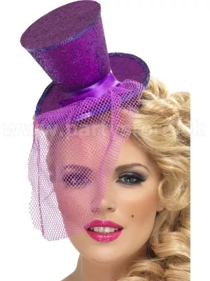 Klobúk mini cylinder - BURLESQUE GLITTER - fialový + čelenka a závoj