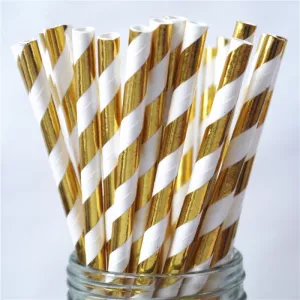 Slamky nápojové - PRUHY METAL - bielo zlaté, bal. 25 ks, papier