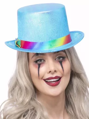 Klobúk cylinder - KLAUN - perleťovo modrý s dúhovou stuhou