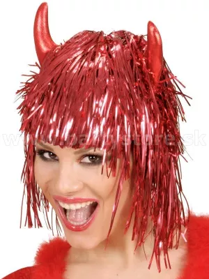 Parochňa - ČERTICA - CYBER METALLIC - červená, krátka 33 cm s rohami